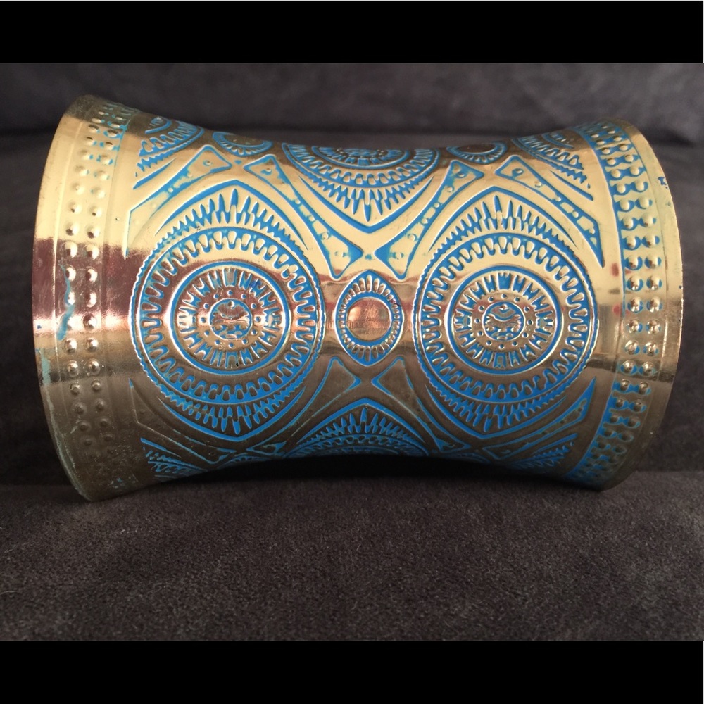 Large cuff bracelet in gold and blue w/Aztec print